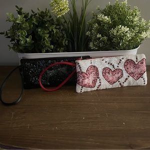 Liz Claiborne 2 Evening Bags Beaded Small Zipper Strap Clutch 8.5”x3.5” Wristlet